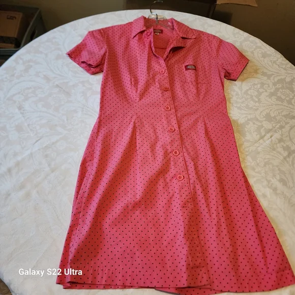 Y2K Dickies Sz M Barbie Pink Black Polkadot Buttondown Dress Worksiren Festival - Picture 3 of 14